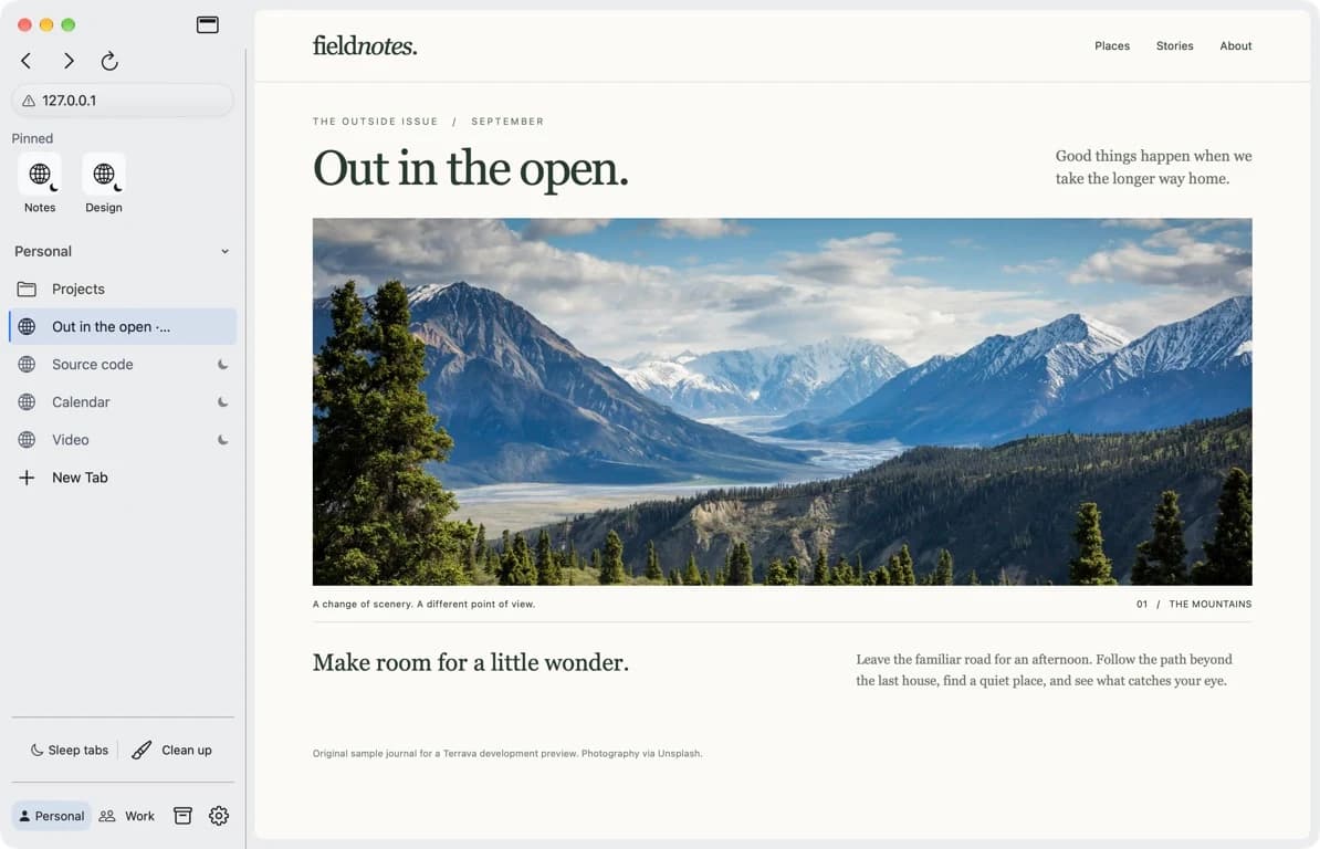 Terrava development build with sidebar tabs displaying an example journal page.